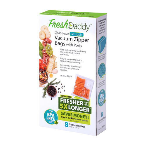 Box of Presto FreshDaddy reusable vacuum zipper bags designed for keeping food fresher up to five times longer, BPA-free and ideal for kitchen, food preservation, freezing, and storage uses.