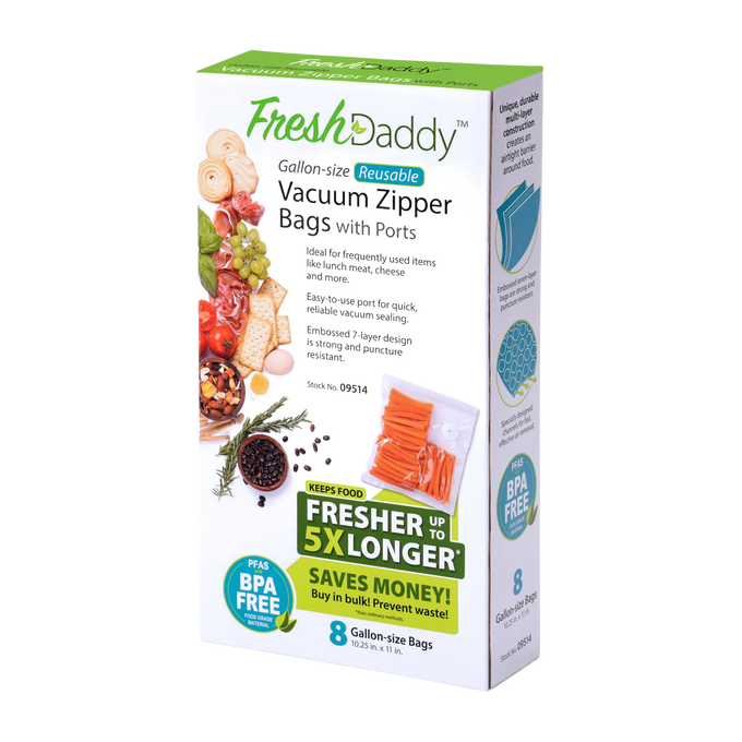 Box of Presto FreshDaddy reusable vacuum zipper bags designed for keeping food fresher up to five times longer, BPA-free and ideal for kitchen, food preservation, freezing, and storage uses.