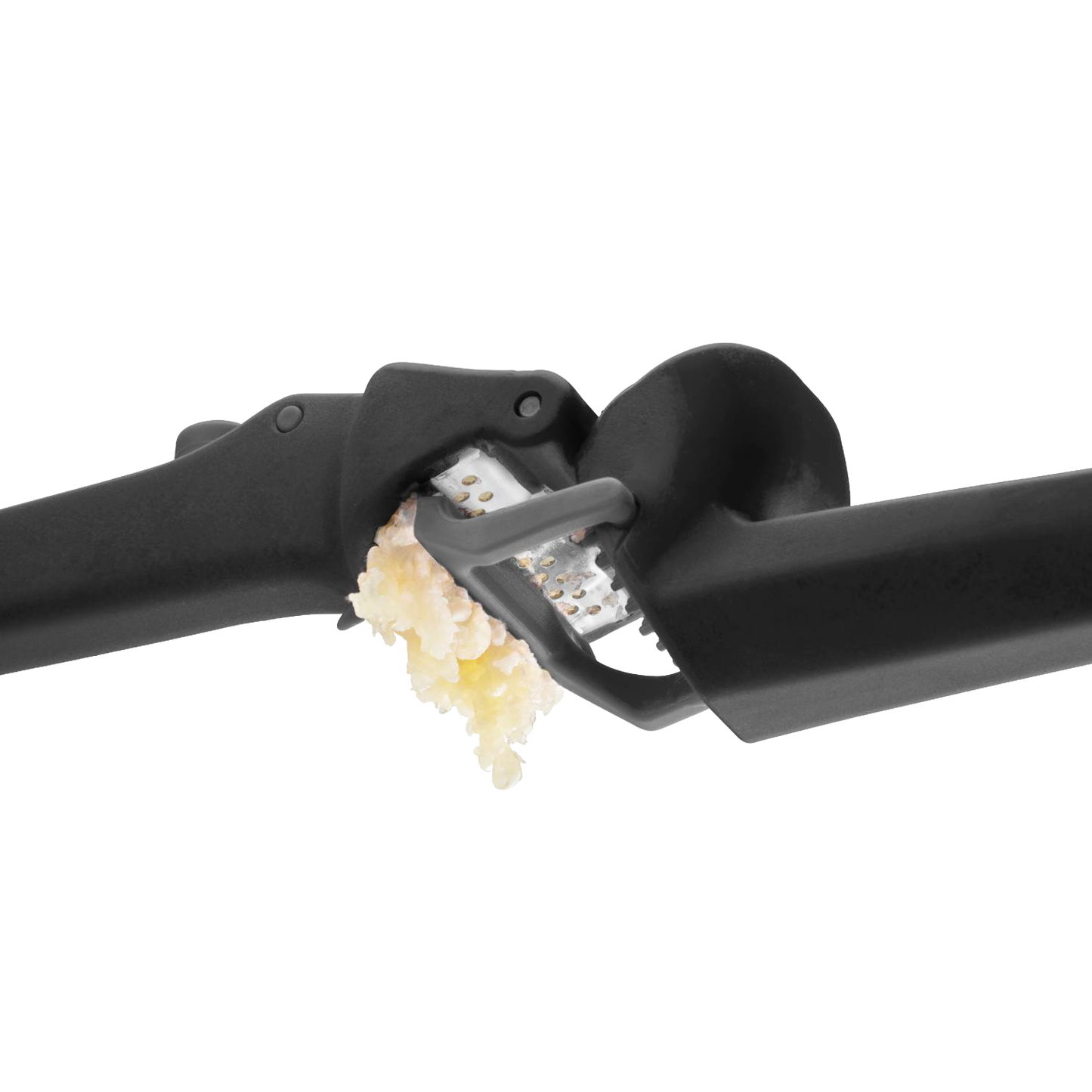 Black garlic press with a grating mechanism that presses unpeeled cloves and self-cleans, designed for efficient food prep in Kitchen & Food, Choppers and Cutters, and Kitchen Gadgets collections.