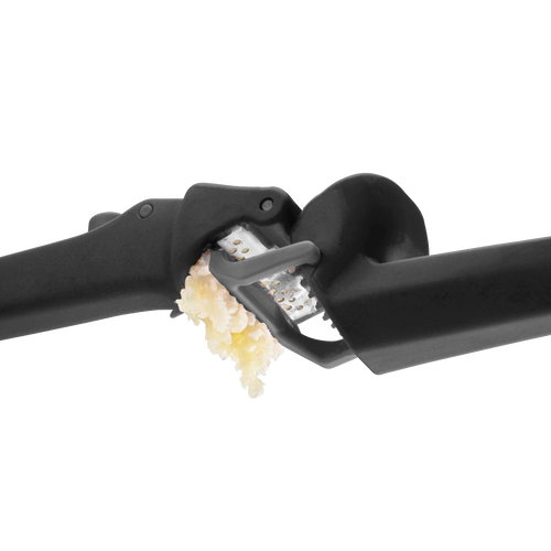 Black garlic press with a grating mechanism that presses unpeeled cloves and self-cleans, designed for efficient food prep in Kitchen & Food, Choppers and Cutters, and Kitchen Gadgets collections.