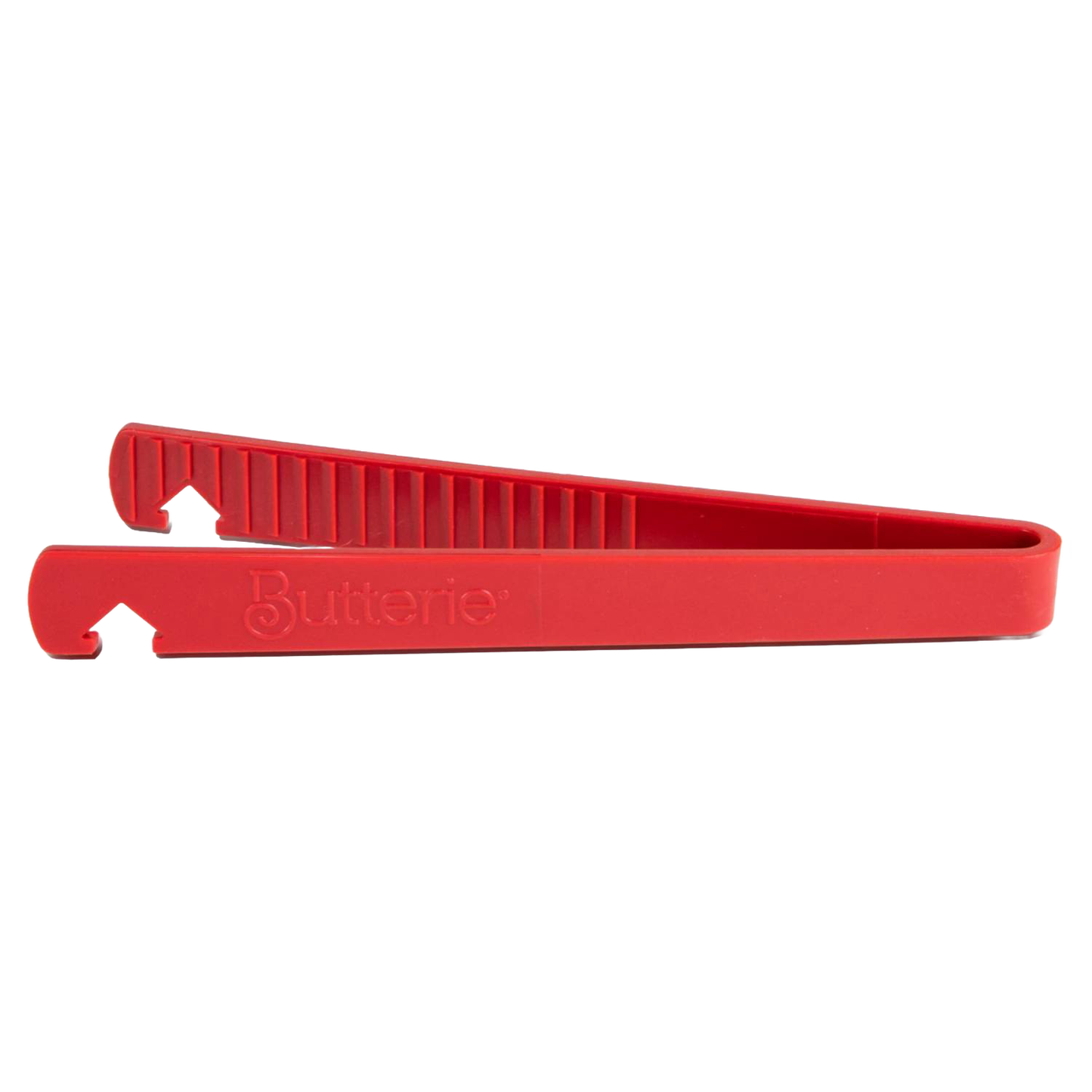 Side view of a red Butterie toaster tong featuring serrated teeth and an integrated oven rack hook, part of Kitchen & Food and Kitchen Gadgets collections.