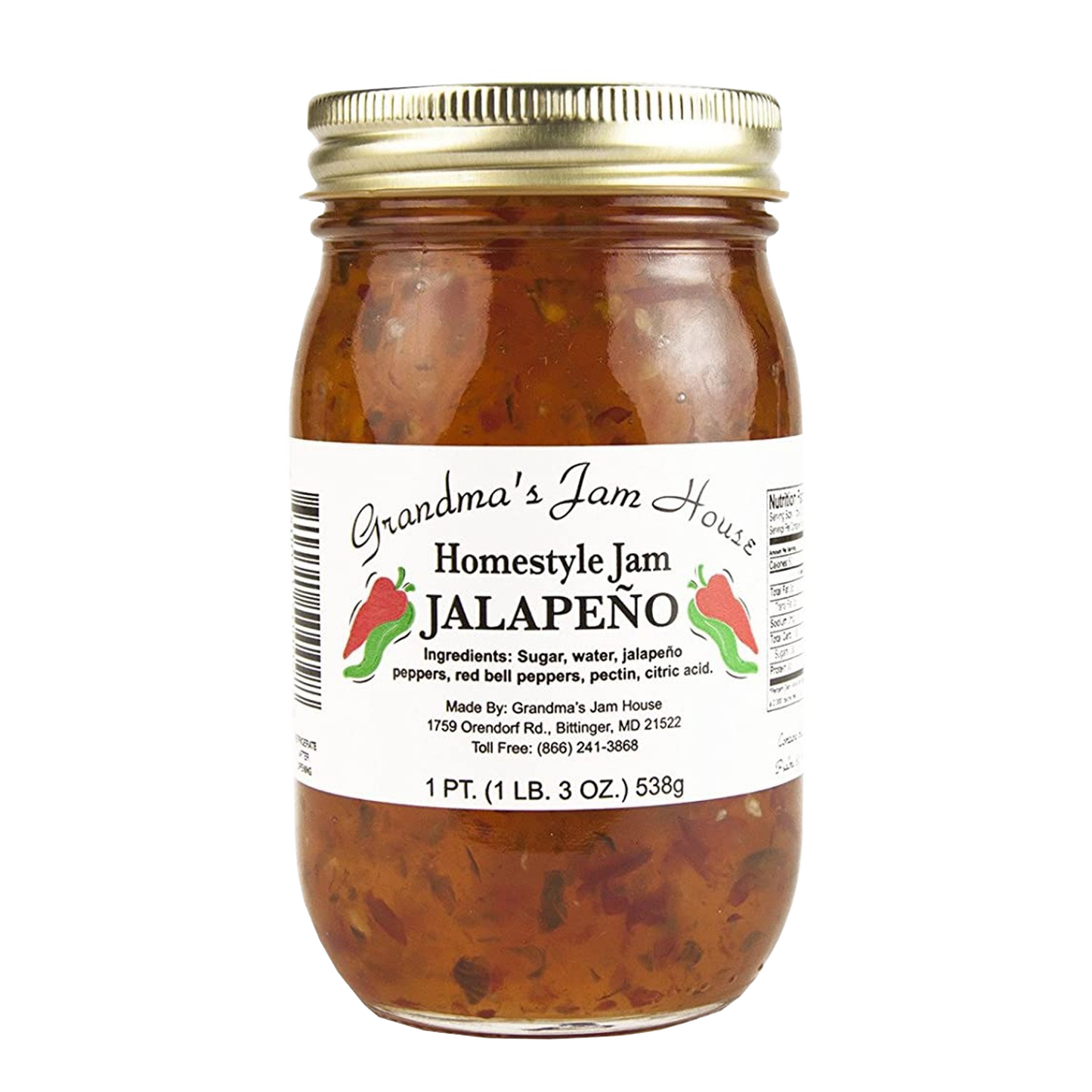 Handcrafted jar of jalapeño homestyle jam with gold metal lid and white label featuring chili pepper illustrations, made in USA, ideal for Kitchen & Food, Pantry, Peanut Butter & Jellies, USA Made, Best Sellers, and Promo Eligible collections.