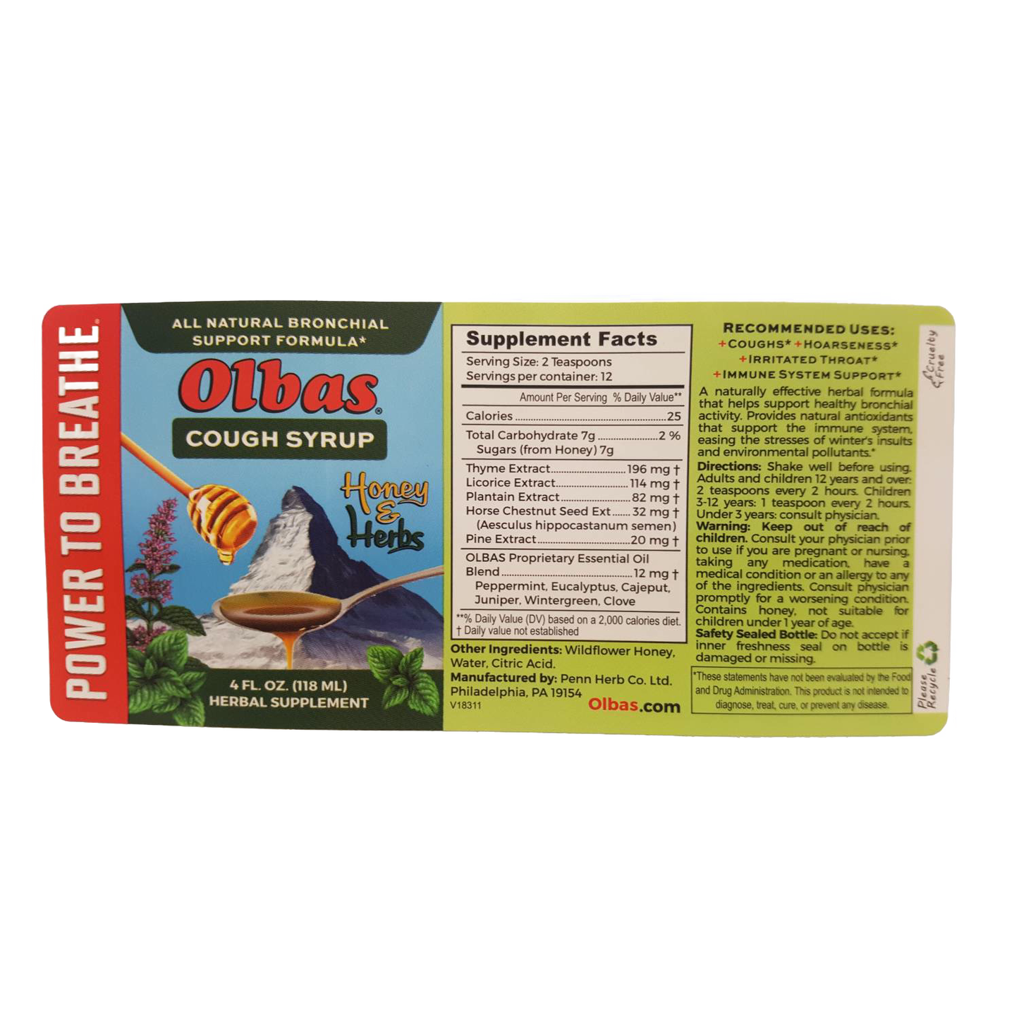 Bottle label of herbal cough syrup featuring a blend of five herbal extracts and six essential oils with wildflower honey, promoting natural bronchial support in Health & Wellness, Health Remedies, and Best Sellers collections.