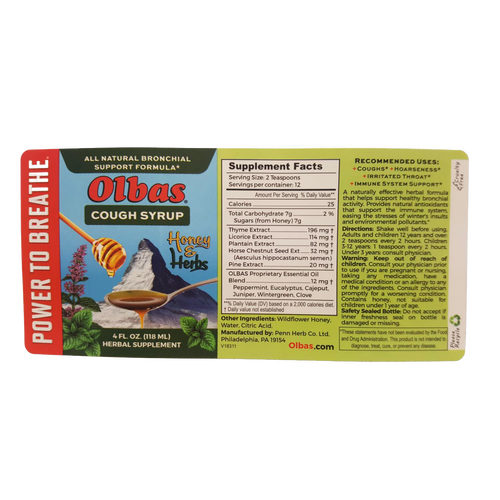 Bottle label of herbal cough syrup featuring a blend of five herbal extracts and six essential oils with wildflower honey, promoting natural bronchial support in Health & Wellness, Health Remedies, and Best Sellers collections.