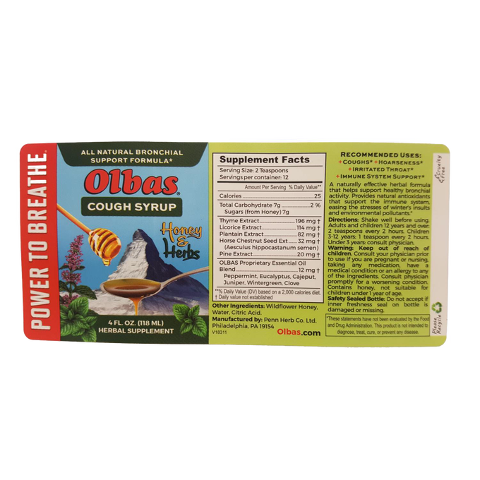 Bottle label of herbal cough syrup featuring a blend of five herbal extracts and six essential oils with wildflower honey, promoting natural bronchial support in Health & Wellness, Health Remedies, and Best Sellers collections.