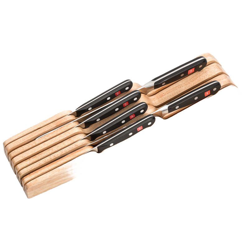 Wooden drawer organizer holding seven knives with black handles, designed for safe and neat kitchen storage, featured in Farm, Garden & Tool and Kitchen & Food collections.