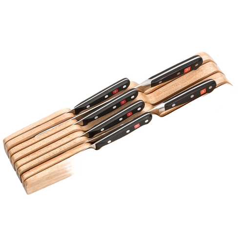Wooden drawer organizer holding seven knives with black handles, designed for safe and neat kitchen storage, featured in Farm, Garden & Tool and Kitchen & Food collections.