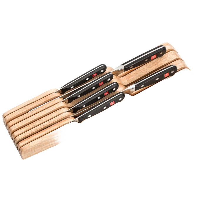 Wooden drawer organizer holding seven knives with black handles, designed for safe and neat kitchen storage, featured in Farm, Garden & Tool and Kitchen & Food collections.