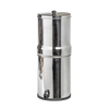 Polished stainless steel water filter with upper chamber nesting inside lower reservoir, featuring a spigot, designed for reliable clean water filtration in emergency supplies and appliances collections.