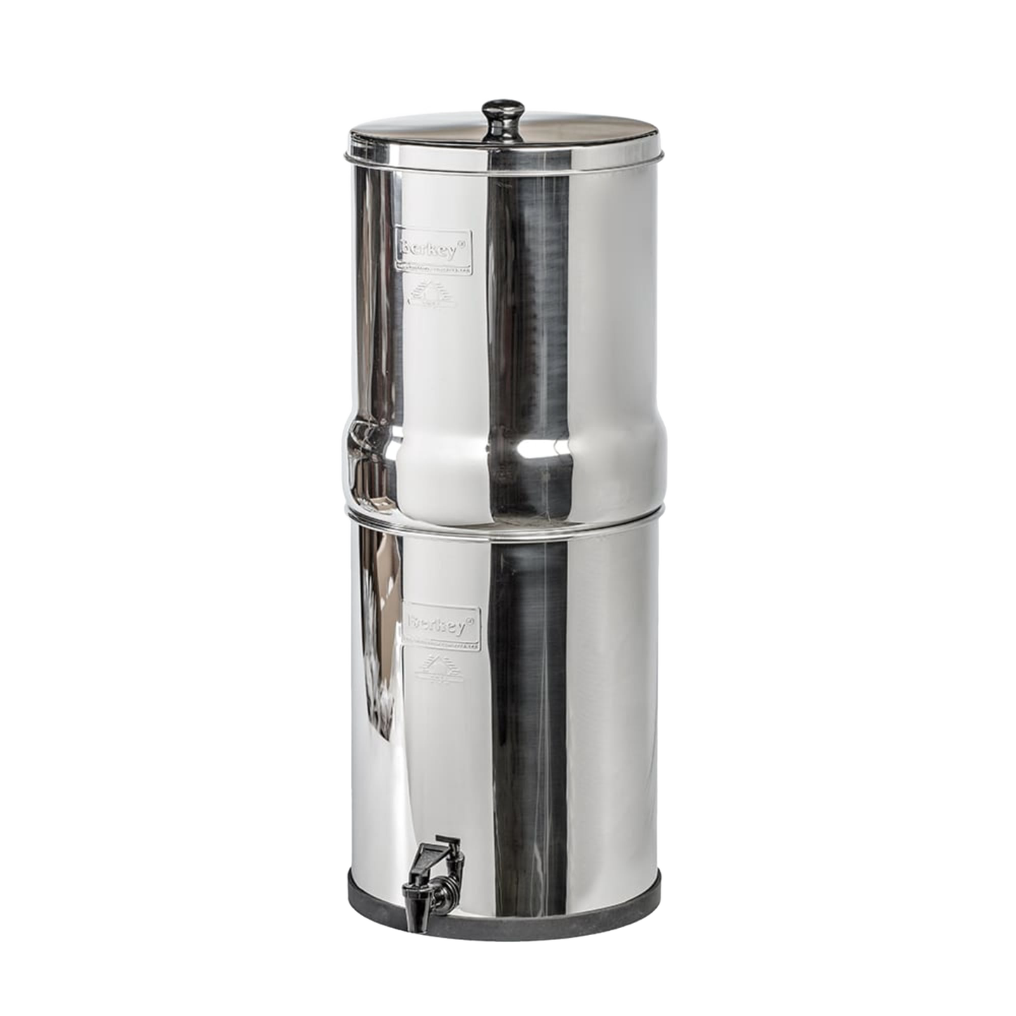 Polished stainless steel water filter with upper chamber nesting inside lower reservoir, featuring a spigot, designed for reliable clean water filtration in emergency supplies and appliances collections.