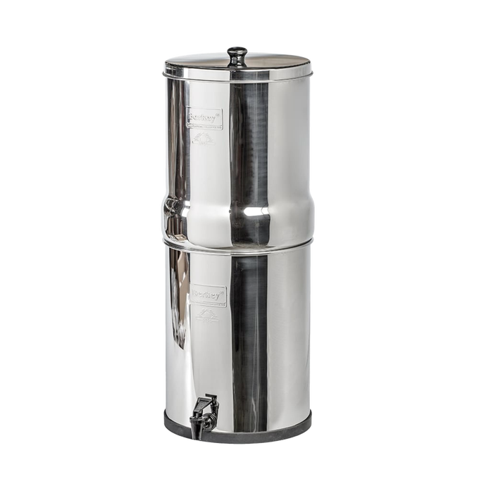 Polished stainless steel water filter with upper chamber nesting inside lower reservoir, featuring a spigot, designed for reliable clean water filtration in emergency supplies and appliances collections.