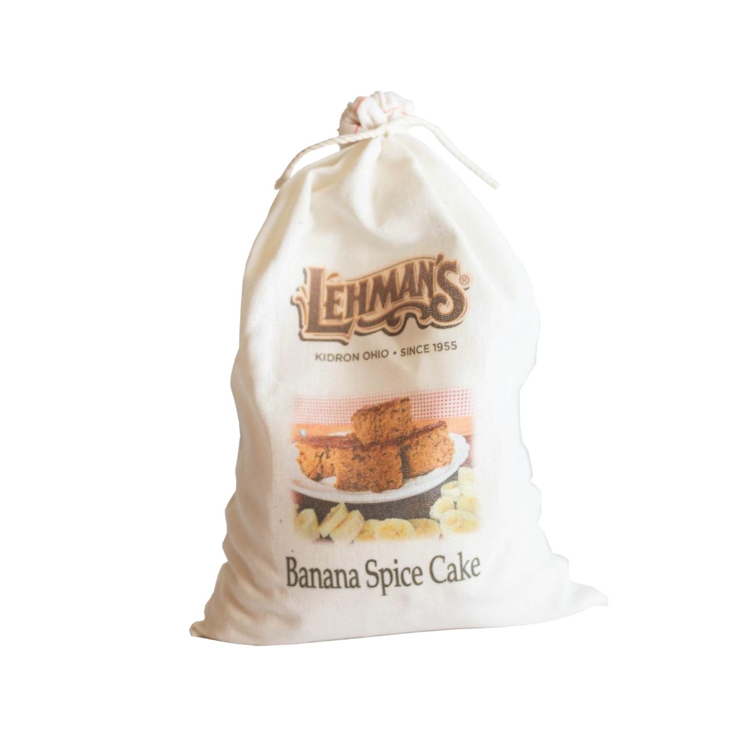 Natural fabric drawstring bag containing handcrafted banana spice cake mix with rustic branding, perfect for Kitchen & Food, Pantry, Dry Goods and Mixes, Best Sellers, and Promo Eligible collections.