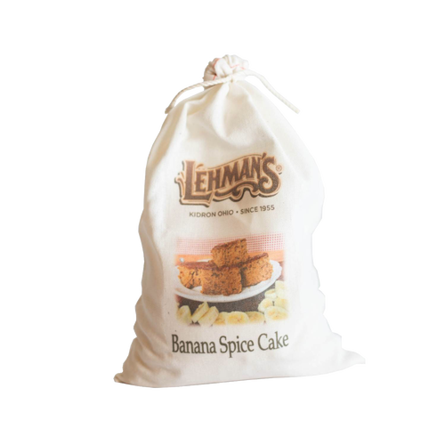 Natural fabric drawstring bag containing handcrafted banana spice cake mix with rustic branding, perfect for Kitchen & Food, Pantry, Dry Goods and Mixes, Best Sellers, and Promo Eligible collections.
