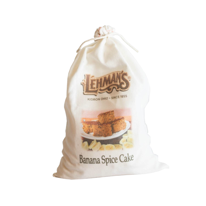 Natural fabric drawstring bag containing handcrafted banana spice cake mix with rustic branding, perfect for Kitchen & Food, Pantry, Dry Goods and Mixes, Best Sellers, and Promo Eligible collections.