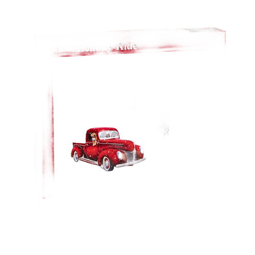 Red vintage-style pickup truck with a small dog in the cab carrying a Christmas tree, shown on puzzle box art for a handcrafted holiday-themed jigsaw puzzle in Toys, Books & Games and Puzzles collections.