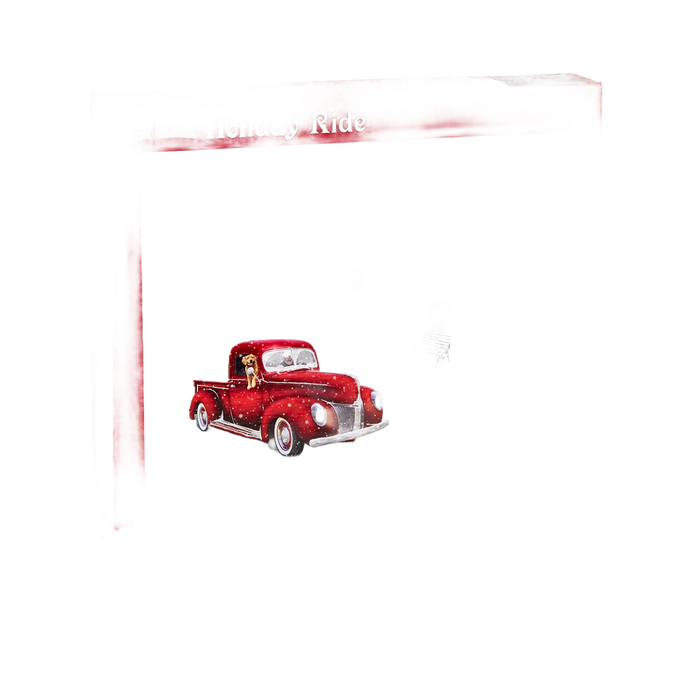 Red vintage-style pickup truck with a small dog in the cab carrying a Christmas tree, shown on puzzle box art for a handcrafted holiday-themed jigsaw puzzle in Toys, Books & Games and Puzzles collections.