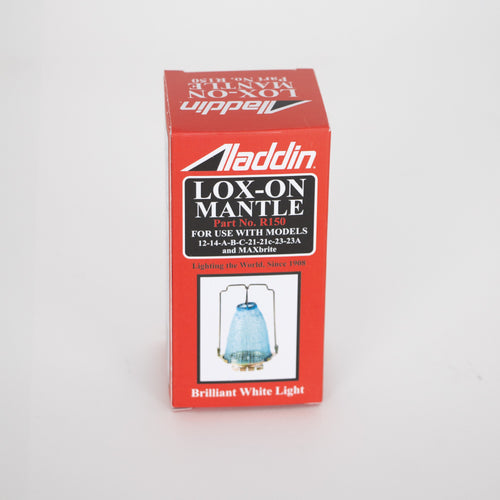 Red rectangular box packaging for an Aladdin Lox-On Mantle, designed for various lamp models, featured in Lamps & Lighting, Parts and Accessories, Wicks and Mantles, Lamp Burners and Collars, Best Sellers, and Promo Eligible collections.