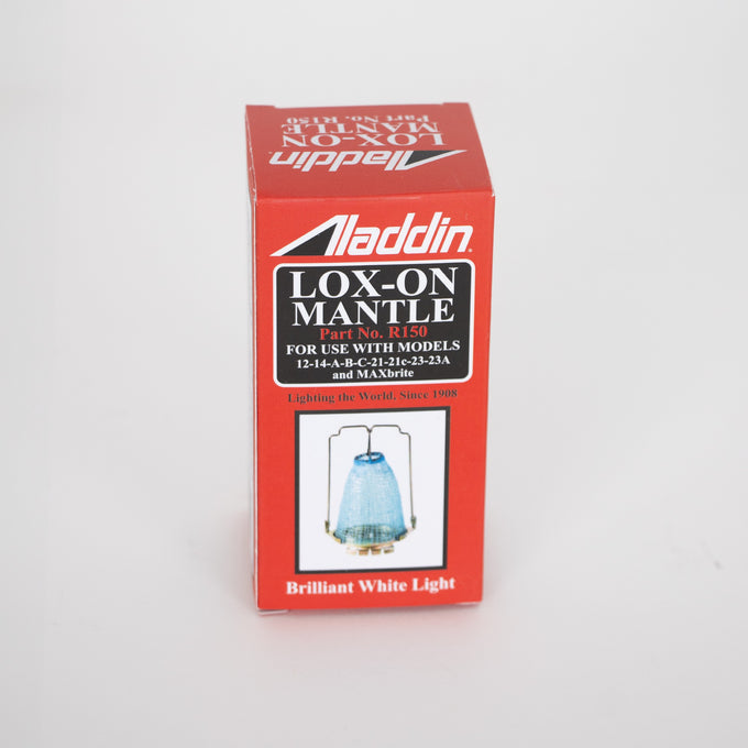 Red rectangular box packaging for an Aladdin Lox-On Mantle, designed for various lamp models, featured in Lamps & Lighting, Parts and Accessories, Wicks and Mantles, Lamp Burners and Collars, Best Sellers, and Promo Eligible collections.
