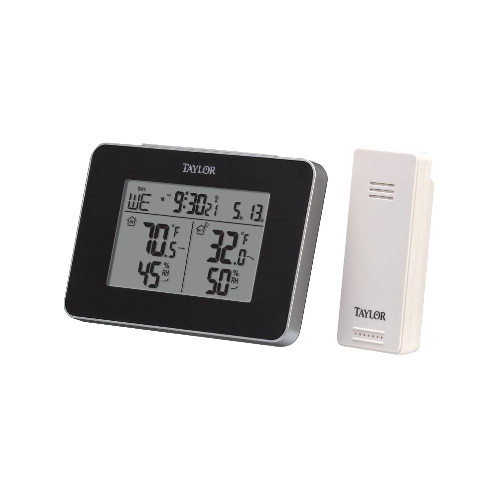 Compact digital weather monitor with alarm clock function displaying indoor/outdoor temperature and humidity, accompanied by a wireless sensor, suitable for Home & Decor and Household Helpers collections.