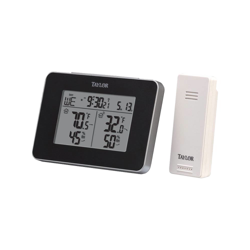 Compact digital weather monitor with alarm clock function displaying indoor/outdoor temperature and humidity, accompanied by a wireless sensor, suitable for Home & Decor and Household Helpers collections.