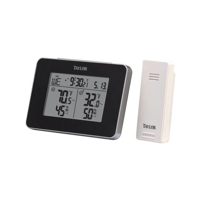 Compact digital weather monitor with alarm clock function displaying indoor/outdoor temperature and humidity, accompanied by a wireless sensor, suitable for Home & Decor and Household Helpers collections.