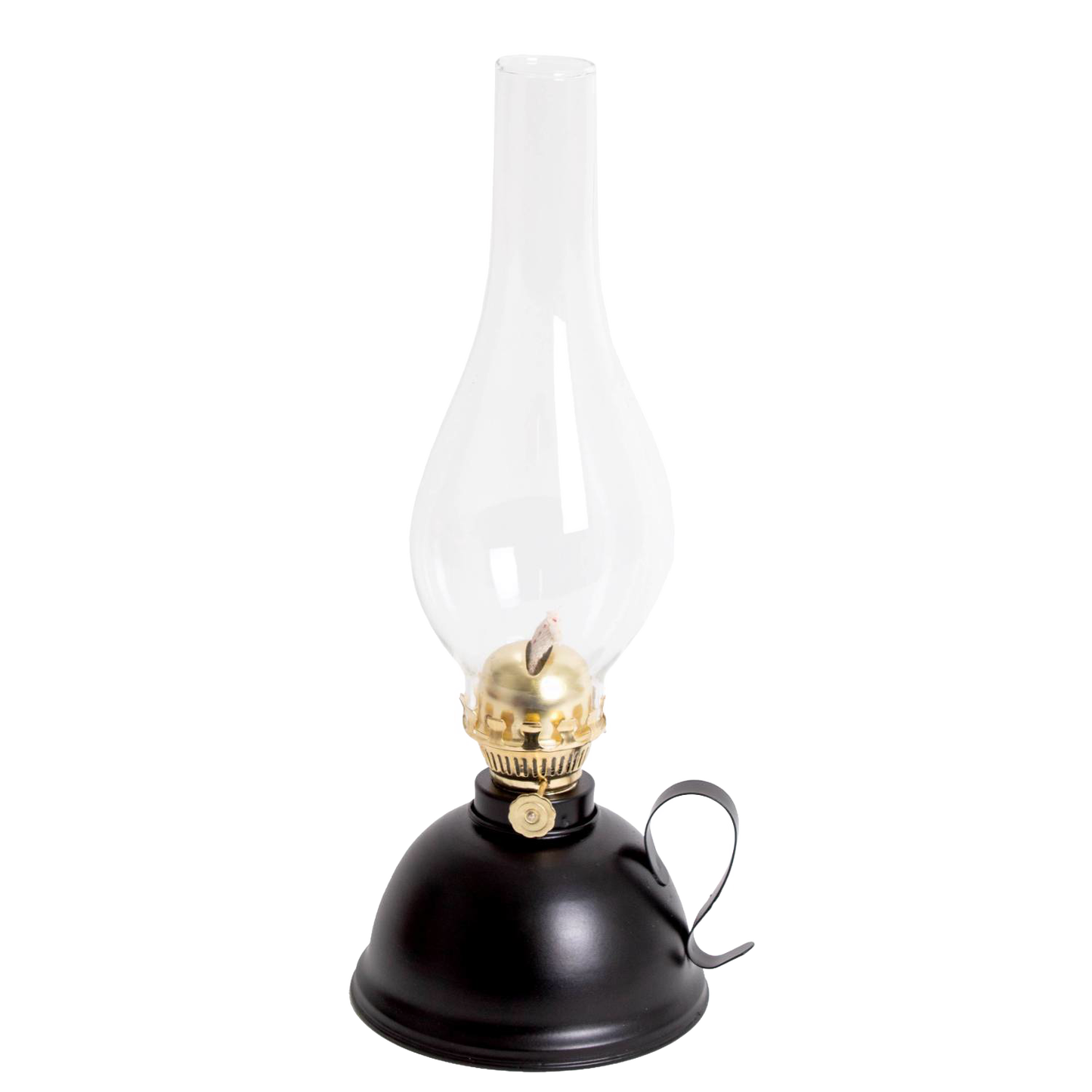 Handcrafted vintage-style oil lamp with a black steel base, curved handle, and clear glass chimney, designed for reliable lighting in Farm, Garden & Tool and Emergency Supplies collections.