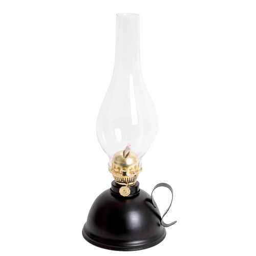 Handcrafted vintage-style oil lamp with a black steel base, curved handle, and clear glass chimney, designed for reliable lighting in Farm, Garden & Tool and Emergency Supplies collections.