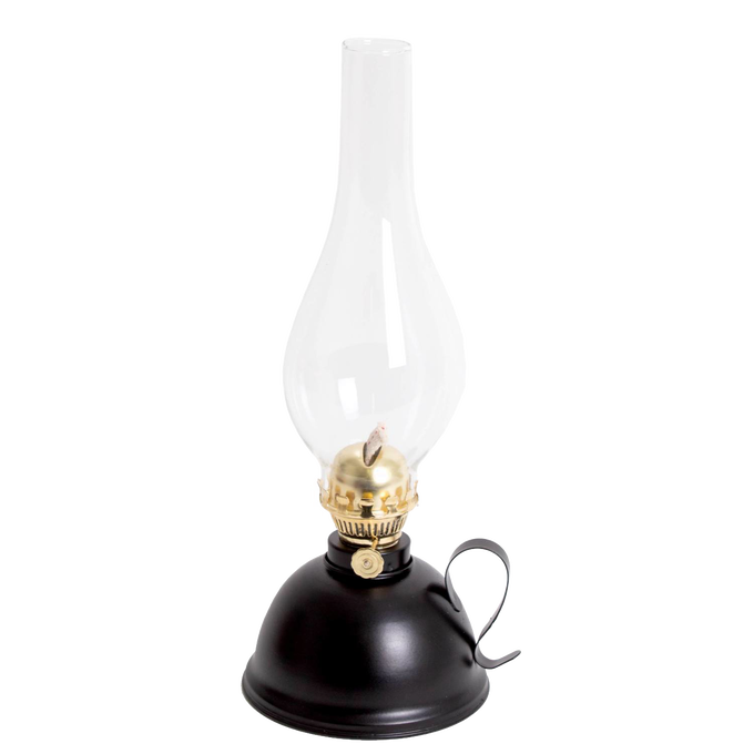 Handcrafted vintage-style oil lamp with a black steel base, curved handle, and clear glass chimney, designed for reliable lighting in Farm, Garden & Tool and Emergency Supplies collections.