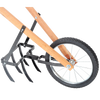 Garden cultivator with five sharp metal tines, wooden handles, and a small black rubber wheel, designed for easy maneuvering in Farm, Garden & Tool and Digging and Cultivating collections, made in USA.