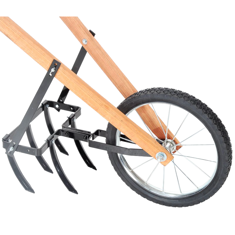 Garden cultivator with five sharp metal tines, wooden handles, and a small black rubber wheel, designed for easy maneuvering in Farm, Garden & Tool and Digging and Cultivating collections, made in USA.