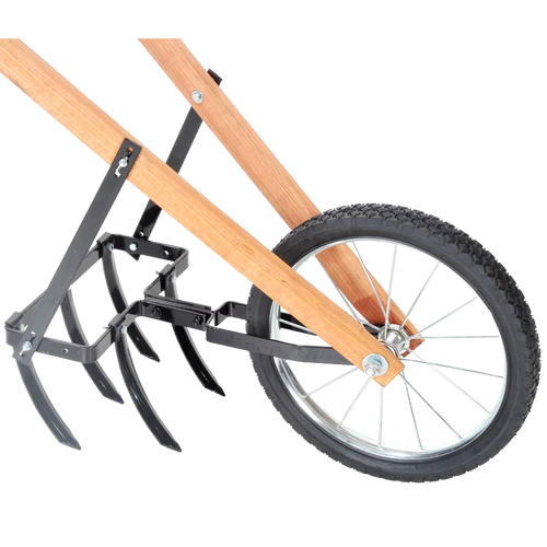 Garden cultivator with five sharp metal tines, wooden handles, and a small black rubber wheel, designed for easy maneuvering in Farm, Garden & Tool and Digging and Cultivating collections, made in USA.