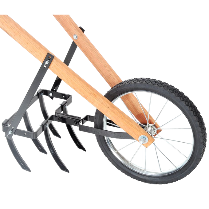Garden cultivator with five sharp metal tines, wooden handles, and a small black rubber wheel, designed for easy maneuvering in Farm, Garden & Tool and Digging and Cultivating collections, made in USA.