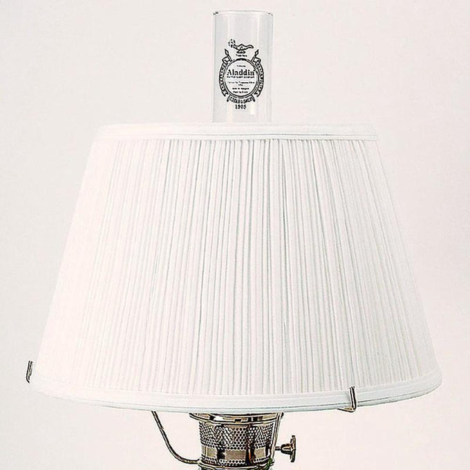 White cloth pleated oil lamp shade crafted to evenly soften light from an Aladdin lamp, made of durable material and featured in Lamps & Lighting, Parts and Accessories, Lamp Shades, Best Sellers, and Promo Eligible collections.