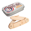 Handcrafted wooden pocket knife kit with snap-fit pieces and a hinged metal storage tin, designed for children’s woodworking and creativity, made in USA, featured in Toys, Books & Games and Wooden Toys collections.