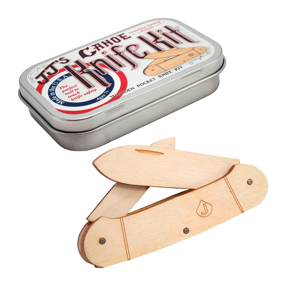 Handcrafted wooden pocket knife kit with snap-fit pieces and a hinged metal storage tin, designed for children’s woodworking and creativity, made in USA, featured in Toys, Books & Games and Wooden Toys collections.