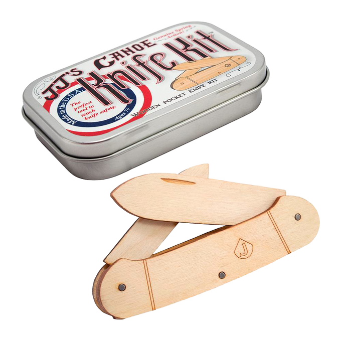 Handcrafted wooden pocket knife kit with snap-fit pieces and a hinged metal storage tin, designed for children’s woodworking and creativity, made in USA, featured in Toys, Books & Games and Wooden Toys collections.