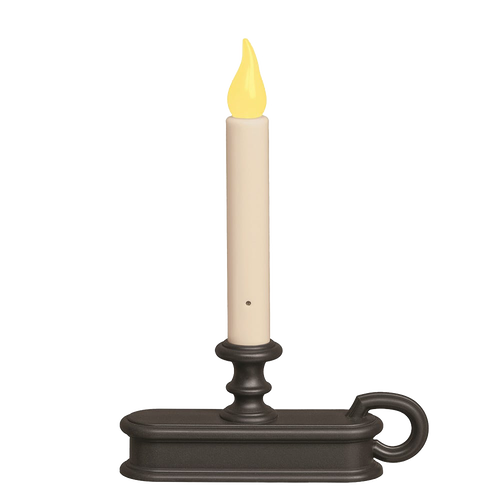 Cordless candle with a warm amber flame atop a matte black metal holder featuring a loop handle, designed for Home & Decor, Lamps & Lighting, and Holiday Decor collections.