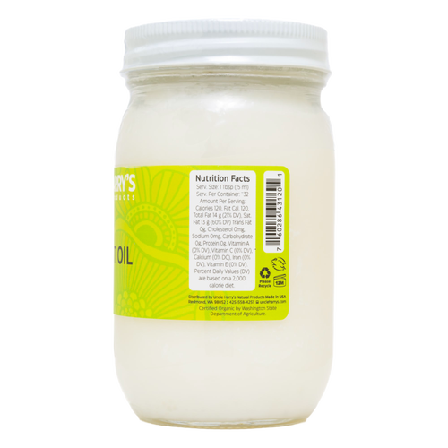 Handcrafted jar of coconut oil with bright yellow label displaying nutrition facts, made in USA and featured in Health & Wellness, Kitchen & Food, Health Remedies, Pantry, Gluten Free, and Best Sellers collections.