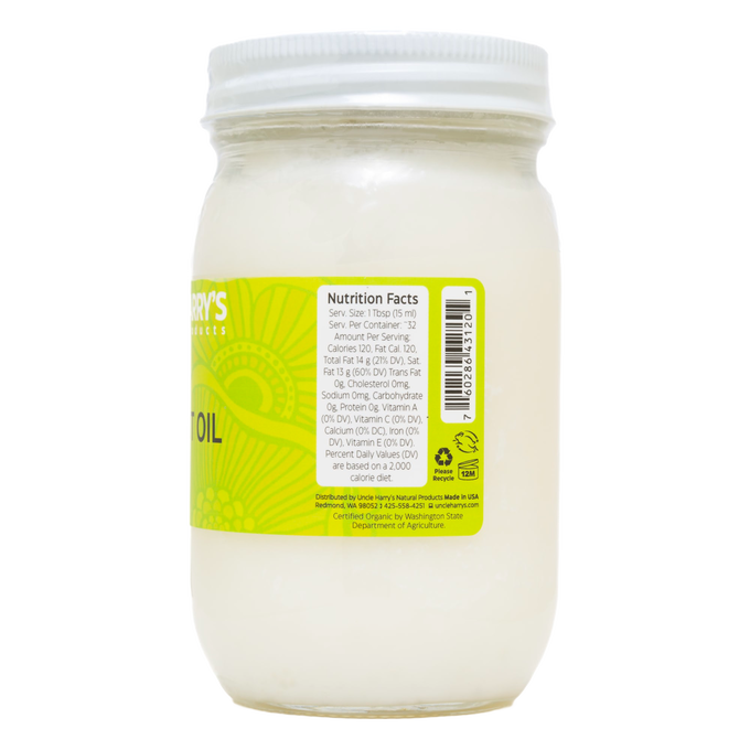 Handcrafted jar of coconut oil with bright yellow label displaying nutrition facts, made in USA and featured in Health & Wellness, Kitchen & Food, Health Remedies, Pantry, Gluten Free, and Best Sellers collections.