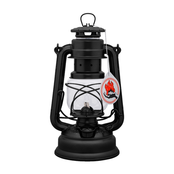 Handcrafted black galvanized oil lantern with thermal heat-resistant SUPRAX globe, designed for reliable lighting in camping, emergency supplies, and outdoor settings within lamps & lighting collections.