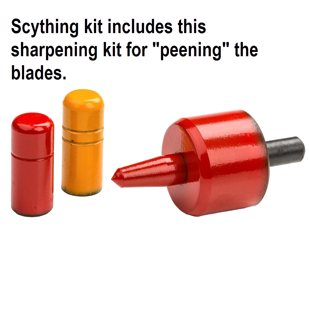 Bright red and yellow handcrafted blade peening kit with cylindrical containers and a pointed tool, ideal for maintenance in Farm, Garden & Tool, Lawncare, Best Sellers, Promo Eligible collections.