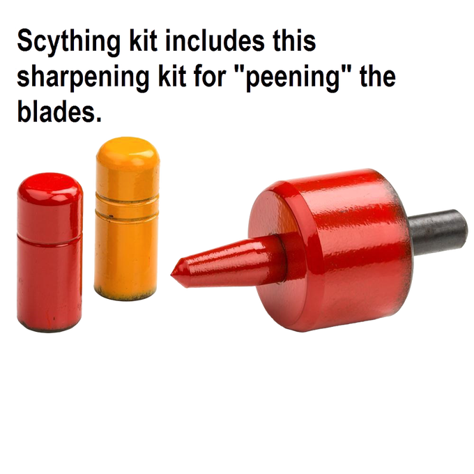 Bright red and yellow handcrafted blade peening kit with cylindrical containers and a pointed tool, ideal for maintenance in Farm, Garden & Tool, Lawncare, Best Sellers, Promo Eligible collections.