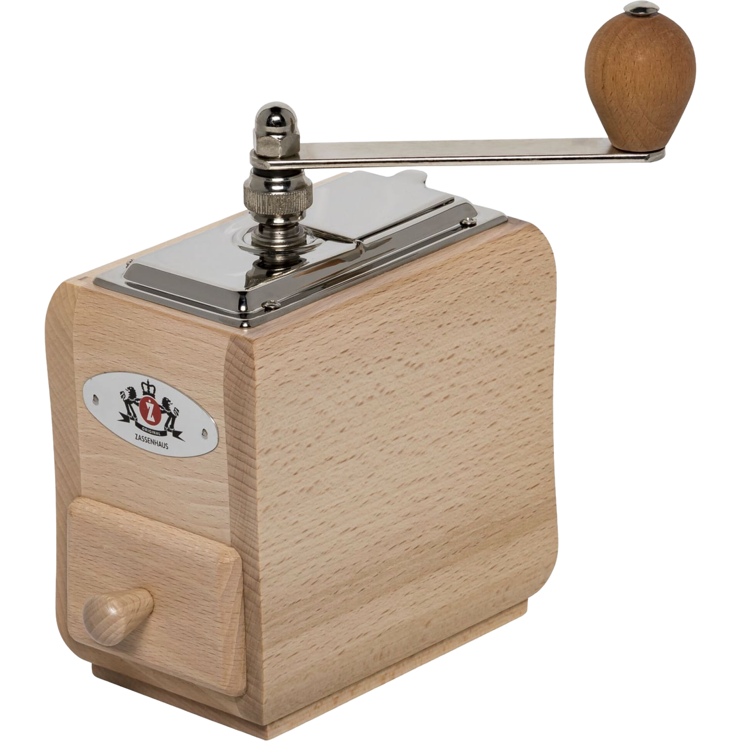Handcrafted wooden coffee grinder with a metal top crank and conical burr, designed for adjustable grinding from fine to coarse, ideal for Brewing Coffee and Tea, Farm, Garden & Tool, Kitchen & Food, and Homesteading collections.