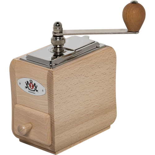 Handcrafted wooden coffee grinder with a metal top crank and conical burr, designed for adjustable grinding from fine to coarse, ideal for Brewing Coffee and Tea, Farm, Garden & Tool, Kitchen & Food, and Homesteading collections.