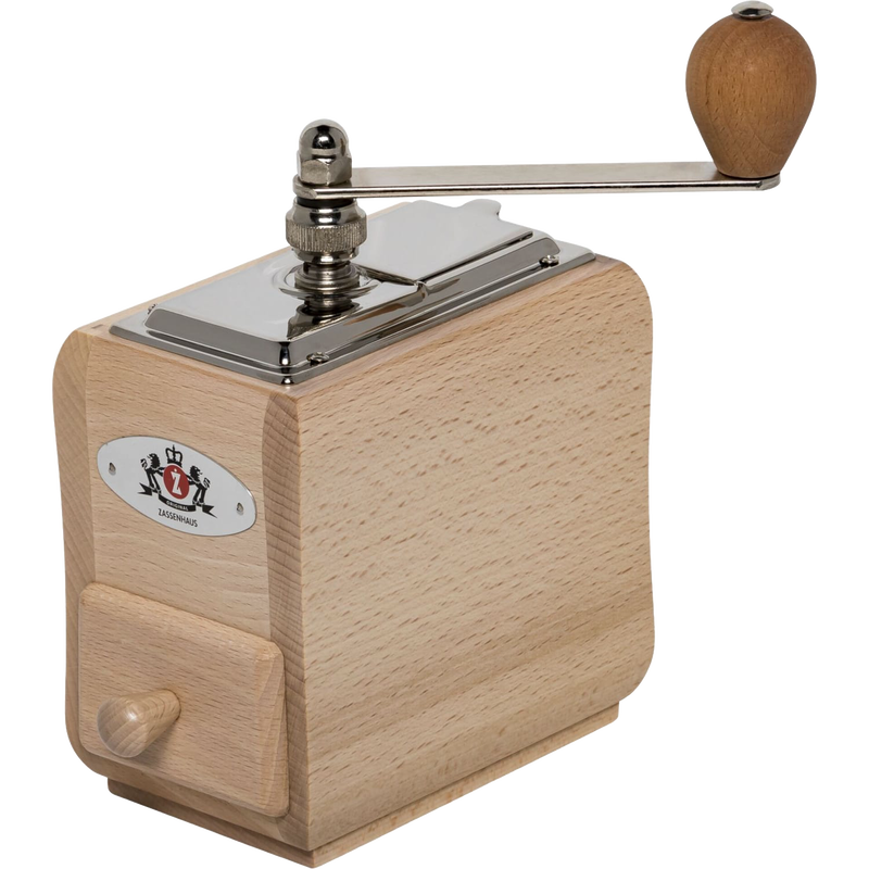 Handcrafted wooden coffee grinder with a metal top crank and conical burr, designed for adjustable grinding from fine to coarse, ideal for Brewing Coffee and Tea, Farm, Garden & Tool, Kitchen & Food, and Homesteading collections.