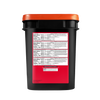 Black food storage bucket with an orange lid, featuring detailed nutrition facts and ingredient labels, designed for emergency supplies and gluten-free food storage, made in the USA.