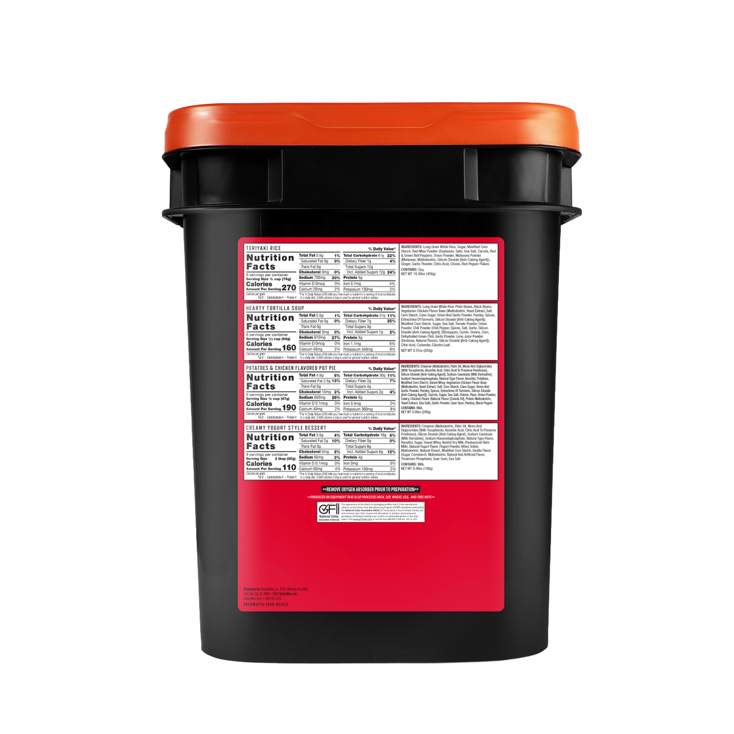 Black food storage bucket with an orange lid, featuring detailed nutrition facts and ingredient labels, designed for emergency supplies and gluten-free food storage, made in the USA.