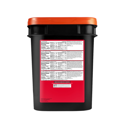 Black food storage bucket with an orange lid, featuring detailed nutrition facts and ingredient labels, designed for emergency supplies and gluten-free food storage, made in the USA.