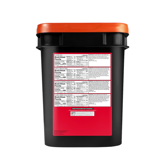 Black food storage bucket with an orange lid, featuring detailed nutrition facts and ingredient labels, designed for emergency supplies and gluten-free food storage, made in the USA.