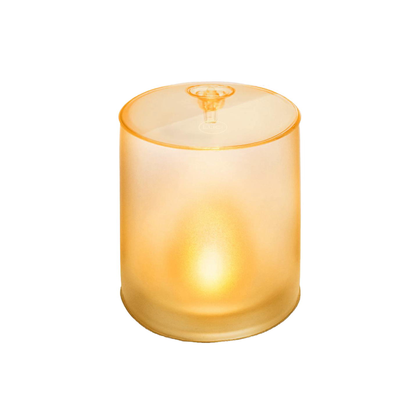 Inflatable translucent solar LED candle with warm flickering light, designed for safe, portable use in camping, emergency supplies, and outdoor lighting collections.
